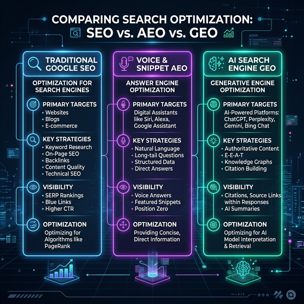SEO vs AEO vs GEO Comparison Infographic